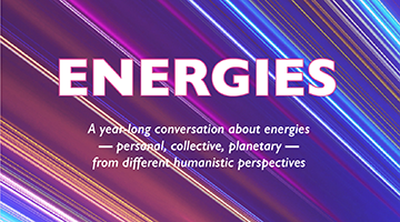 Energies Dialogue graphic-multicolor background with white typeface