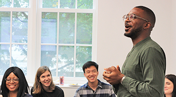 Emeka Ekwelum speaking at the Kaplan Humanities Institute lunch colloquium, Fall 2019
