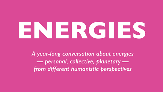 Energies Dialogue graphic-hot pink color background with white typeface